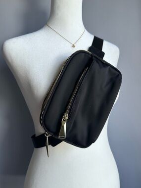 Black Nylon Crossbody Fanny Pack with Gold Hardware